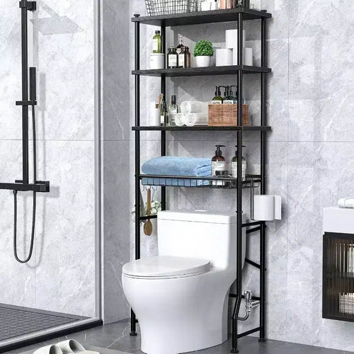 4 - Tier Over - Toilet Storage Rack Bathroom Organizer Shelf with Waterproof Feet Pad and Basket Black Multifunctional Space Saver
