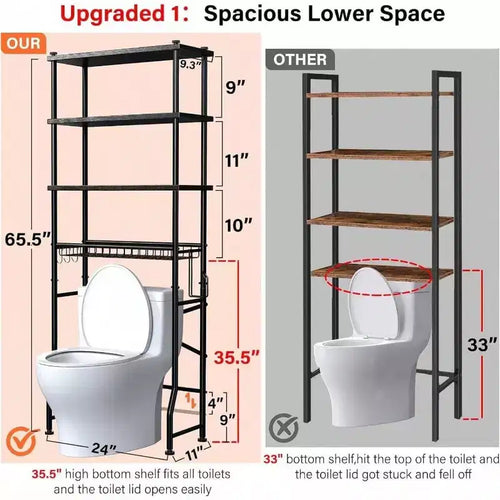 4 - Tier Over - Toilet Storage Rack Bathroom Organizer Shelf with Waterproof Feet Pad and Basket Black Multifunctional Space Saver