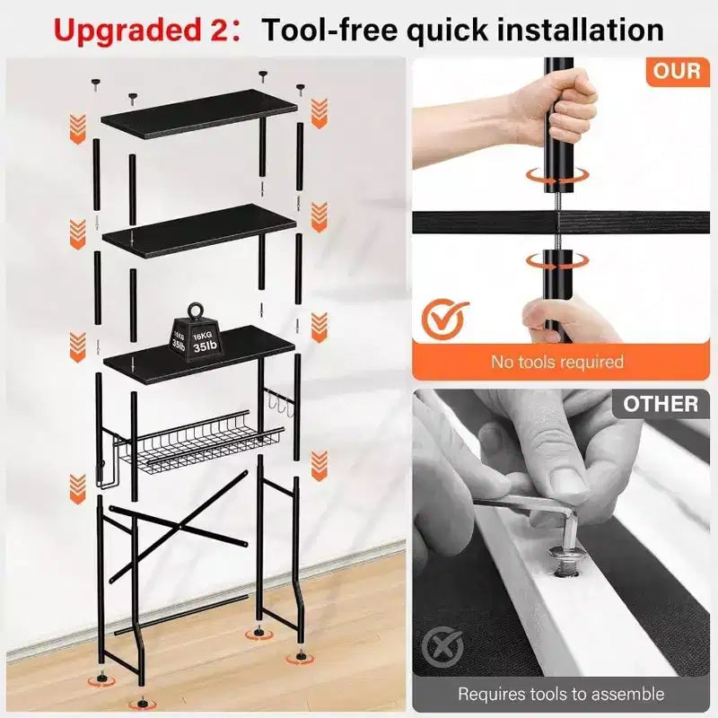 4 - Tier Over - Toilet Storage Rack Bathroom Organizer Shelf with Waterproof Feet Pad and Basket Black Multifunctional Space Saver