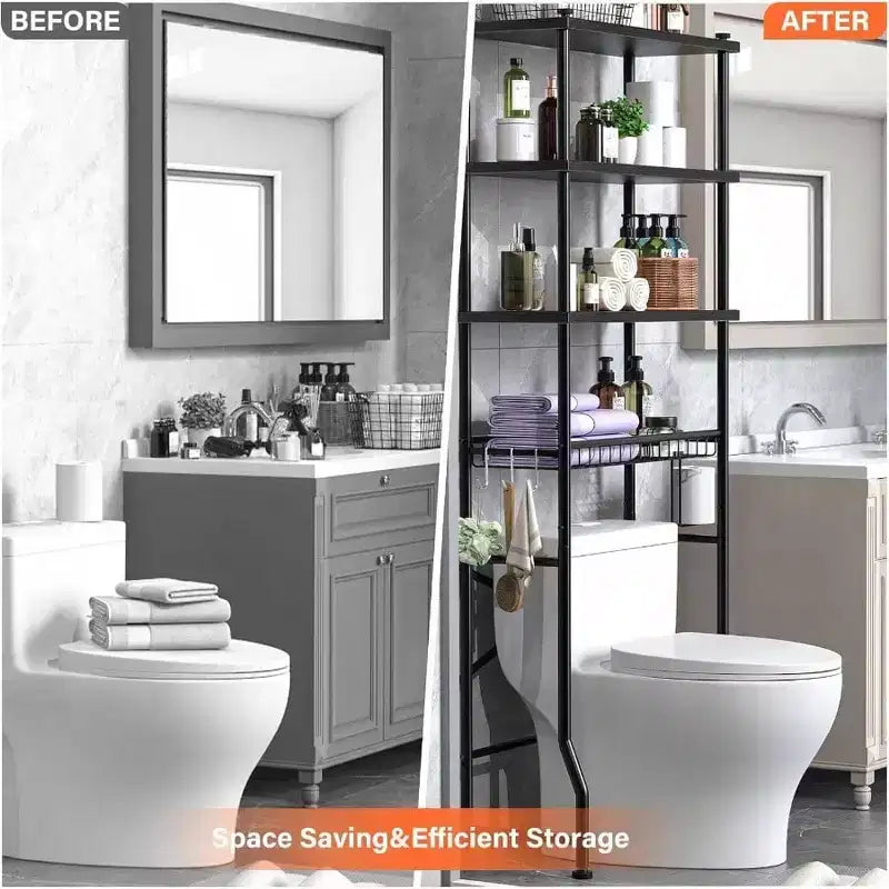 4 - Tier Over - Toilet Storage Rack Bathroom Organizer Shelf with Waterproof Feet Pad and Basket Black Multifunctional Space Saver
