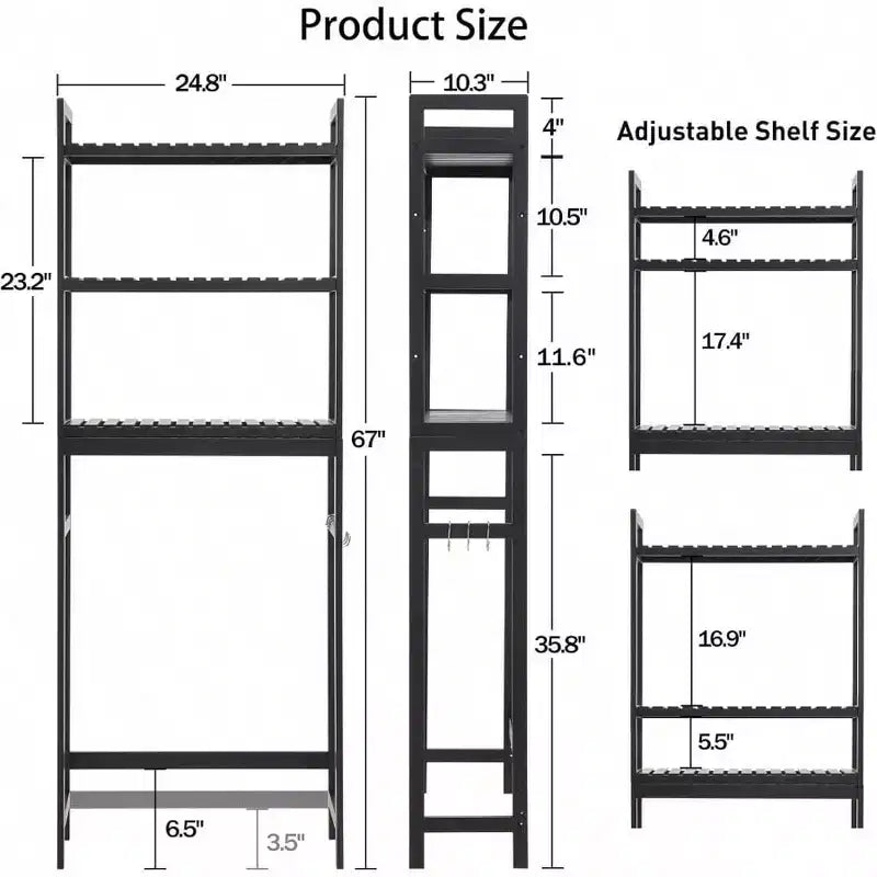 Over Toilet Storage Cabinet 3 Tier Shelf Stable Freestanding Black Bathroom Organizer with 3 Hooks 67 Inch H