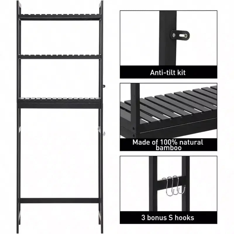 Over Toilet Storage Cabinet 3 Tier Shelf Stable Freestanding Black Bathroom Organizer with 3 Hooks 67 Inch H
