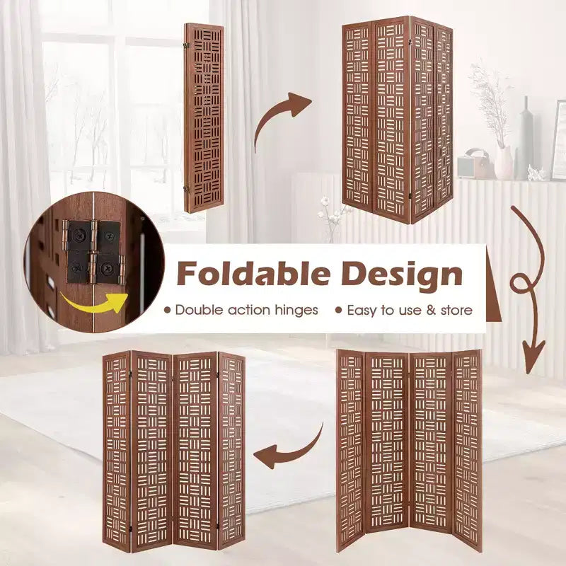 4-Panel Room Divider with Double Action Metal Hinges, Solid Wood Frame