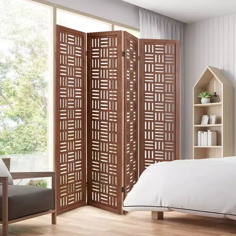 4-Panel Room Divider with Double Action Metal Hinges, Solid Wood Frame