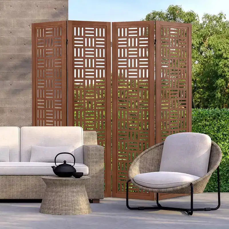 4-Panel Room Divider with Double Action Metal Hinges, Solid Wood Frame