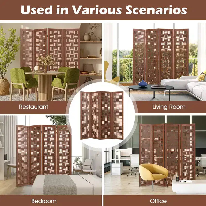 4-Panel Room Divider with Double Action Metal Hinges, Solid Wood Frame