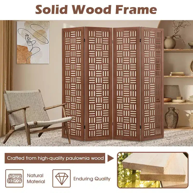 4-Panel Room Divider with Double Action Metal Hinges, Solid Wood Frame