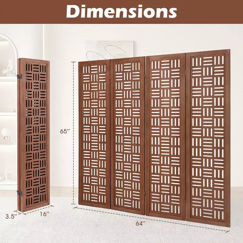 4-Panel Room Divider with Double Action Metal Hinges, Solid Wood Frame