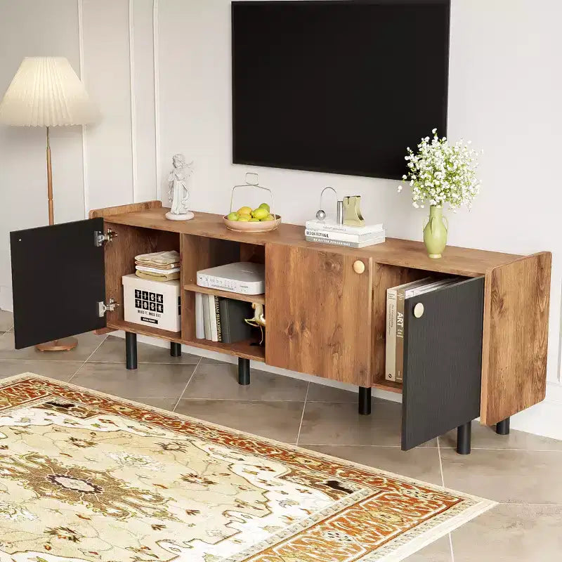 Vintage TV Stand with Cabinets for 70 inch TV, Mid Century TV Storage Cabinet Table with Doors for Living Room