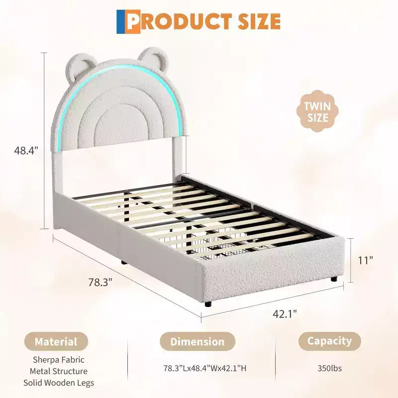 Twin Size Upholstered Platform Bed with 4 Drawers and LED Lights for Kids