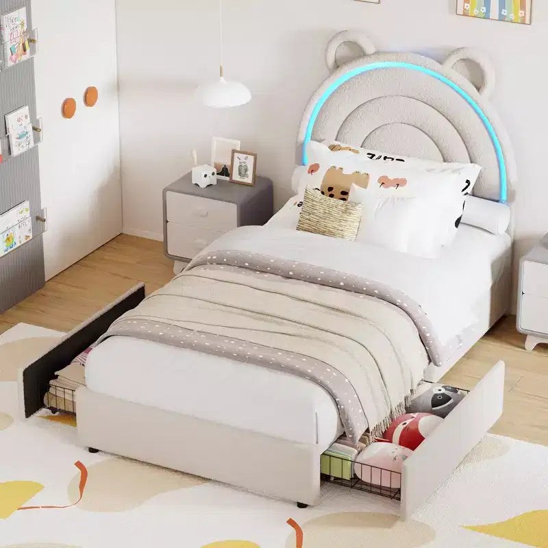 Twin Size Upholstered Platform Bed with 4 Drawers and LED Lights for Kids
