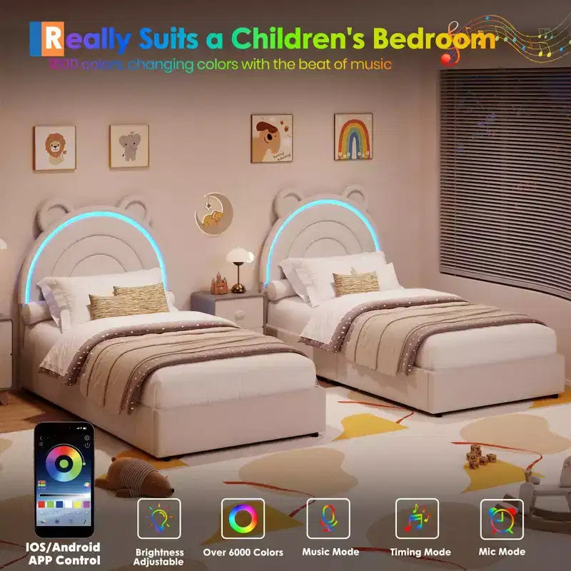 Twin Size Upholstered Platform Bed with 4 Drawers and LED Lights for Kids