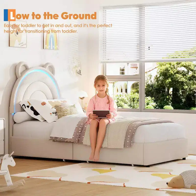 Twin Size Upholstered Platform Bed with 4 Drawers and LED Lights for Kids