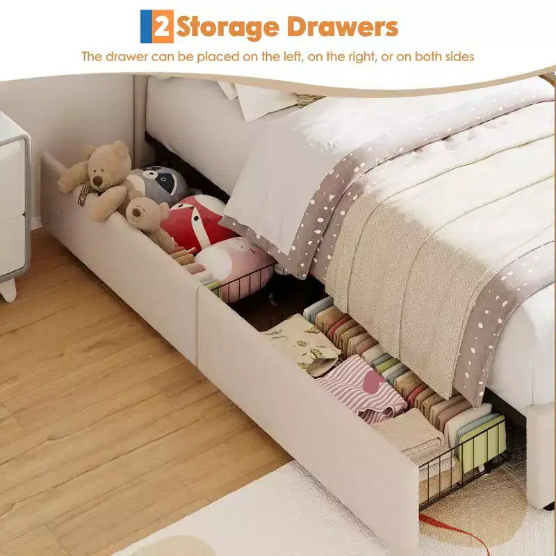 Twin Size Upholstered Platform Bed with 4 Drawers and LED Lights for Kids