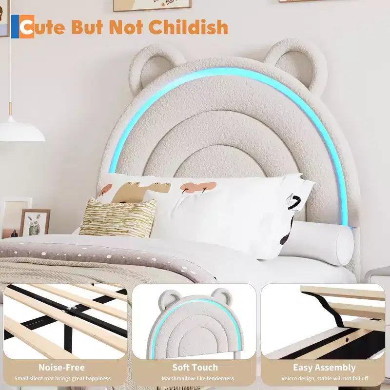 Twin Size Upholstered Platform Bed with 4 Drawers and LED Lights for Kids