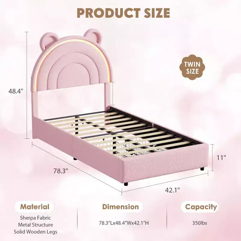 Twin Size Upholstered Platform Bed with 4 Drawers and LED Lights for Kids