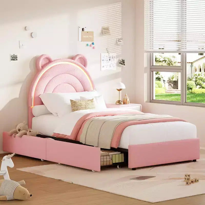 Twin Size Upholstered Platform Bed with 4 Drawers and LED Lights for Kids