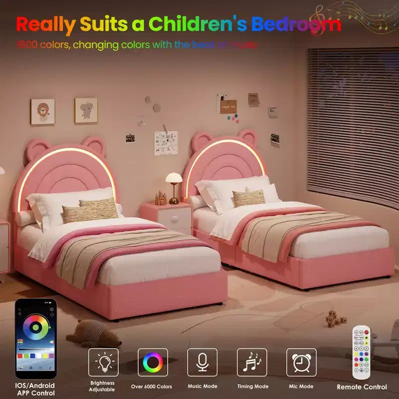 Twin Size Upholstered Platform Bed with 4 Drawers and LED Lights for Kids