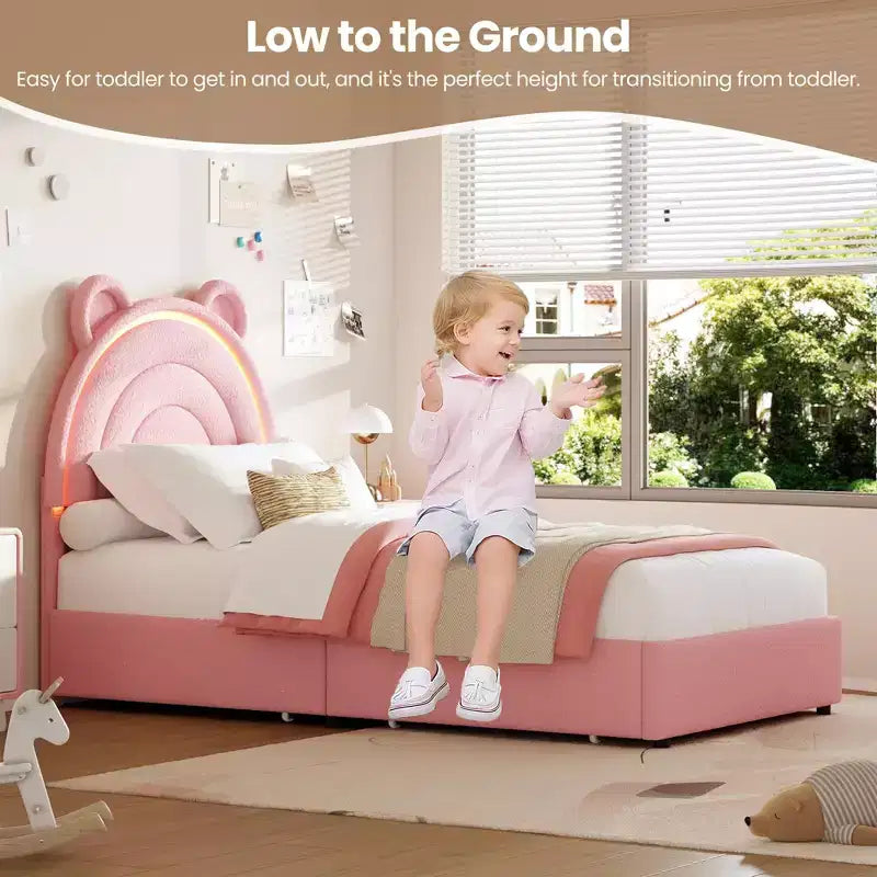 Twin Size Upholstered Platform Bed with 4 Drawers and LED Lights for Kids