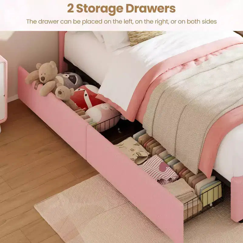 Twin Size Upholstered Platform Bed with 4 Drawers and LED Lights for Kids