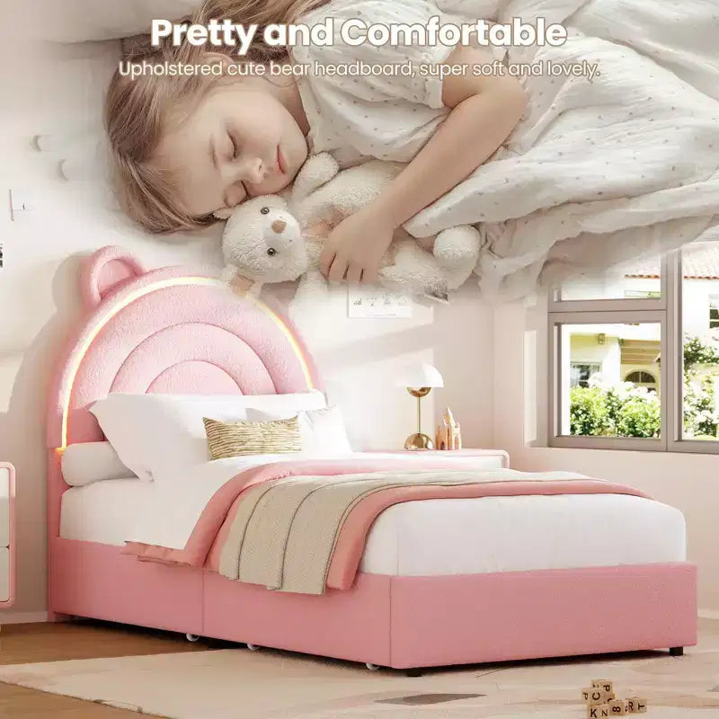 Twin Size Upholstered Platform Bed with 4 Drawers and LED Lights for Kids