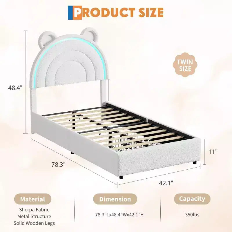 Twin Size Upholstered Platform Bed with 4 Drawers and LED Lights for Kids
