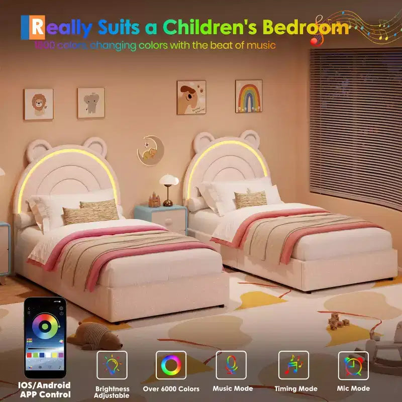Twin Size Upholstered Platform Bed with 4 Drawers and LED Lights for Kids