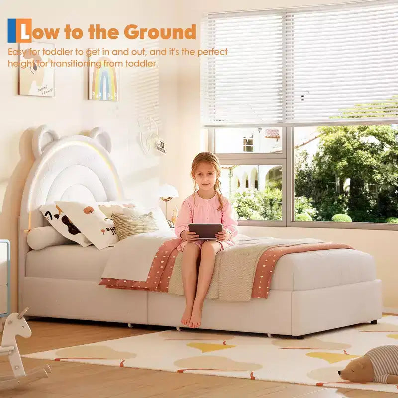 Twin Size Upholstered Platform Bed with 4 Drawers and LED Lights for Kids