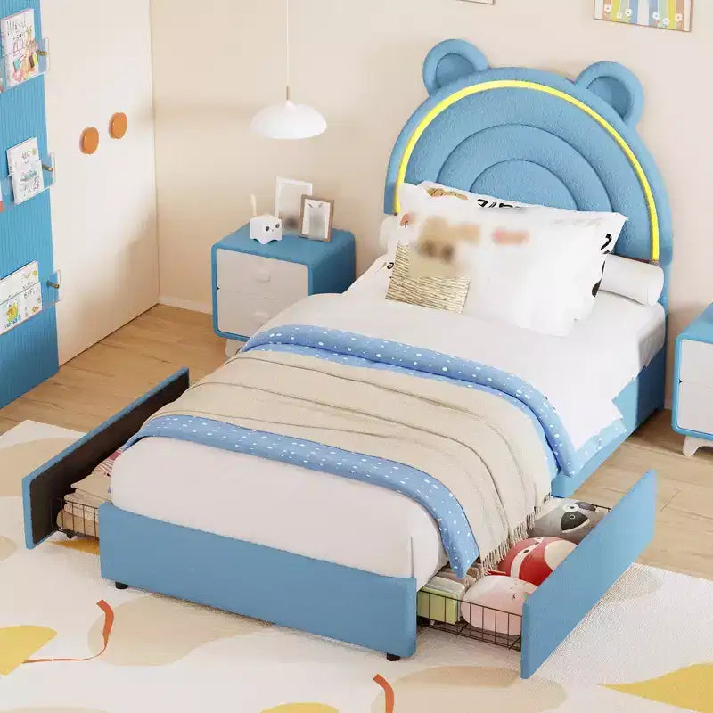 Twin Size Upholstered Platform Bed with 4 Drawers and LED Lights for Kids