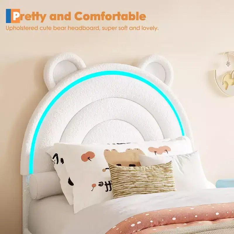 Twin Size Upholstered Platform Bed with 4 Drawers and LED Lights for Kids