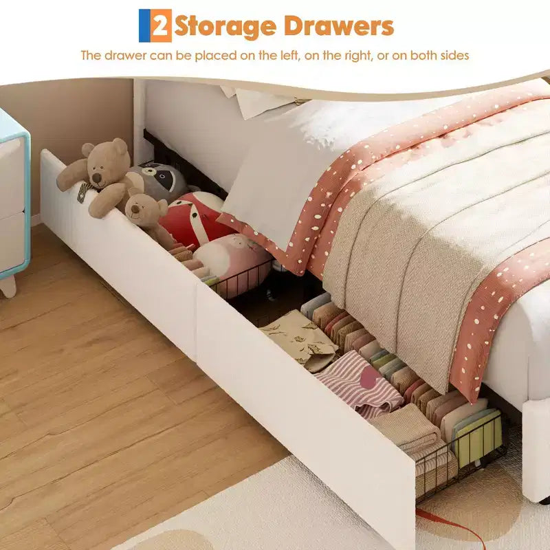 Twin Size Upholstered Platform Bed with 4 Drawers and LED Lights for Kids