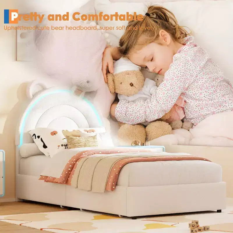 Twin Size Upholstered Platform Bed with 4 Drawers and LED Lights for Kids