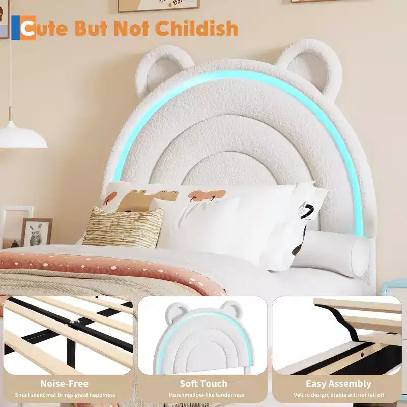 Twin Size Upholstered Platform Bed with 4 Drawers and LED Lights for Kids