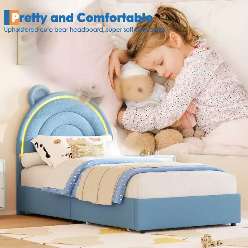 Twin Size Upholstered Platform Bed with 4 Drawers and LED Lights for Kids