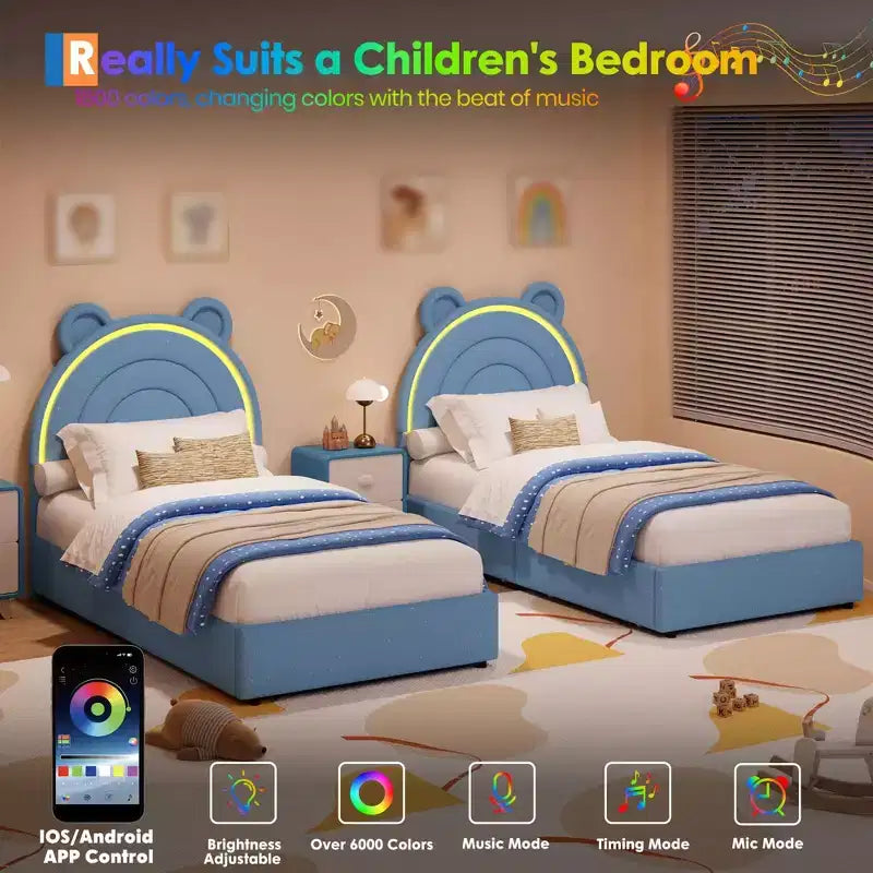 Twin Size Upholstered Platform Bed with 4 Drawers and LED Lights for Kids