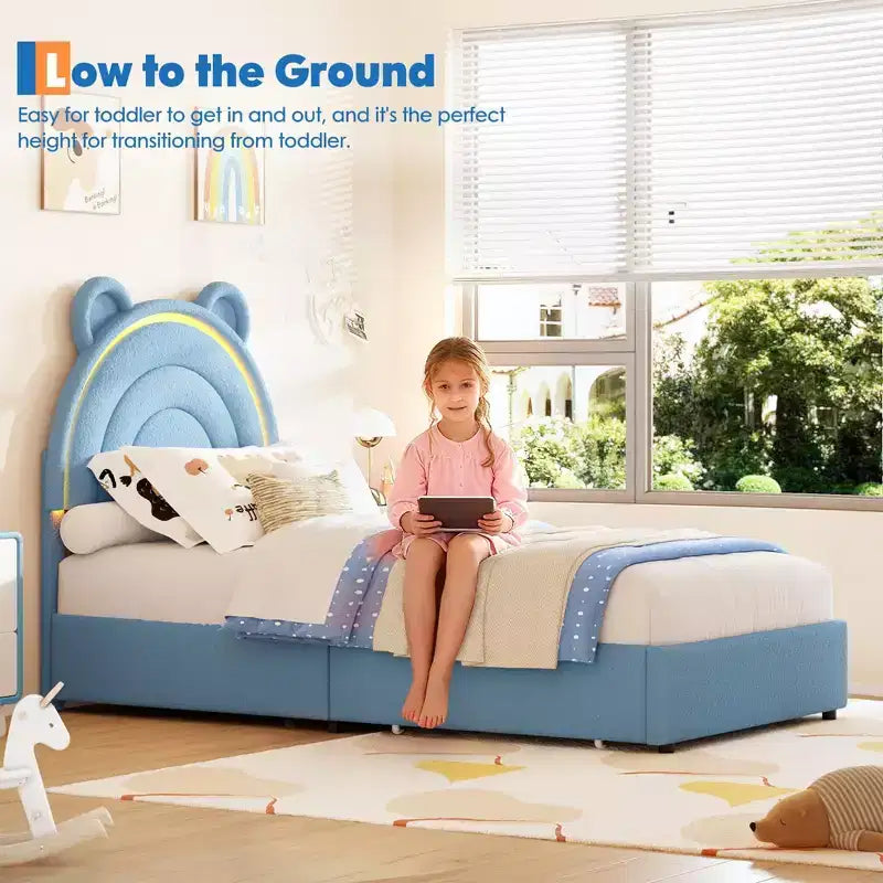Twin Size Upholstered Platform Bed with 4 Drawers and LED Lights for Kids