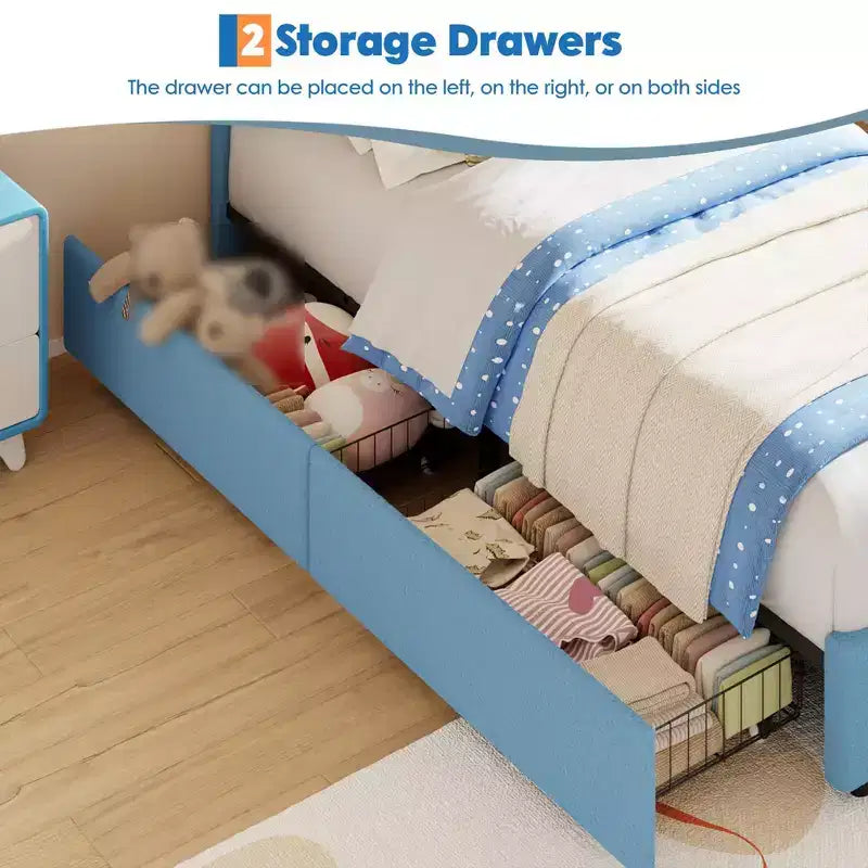 Twin Size Upholstered Platform Bed with 4 Drawers and LED Lights for Kids