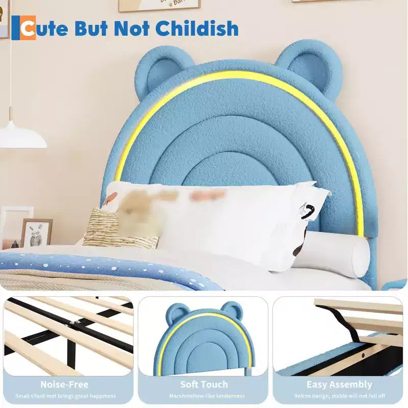 Twin Size Upholstered Platform Bed with 4 Drawers and LED Lights for Kids