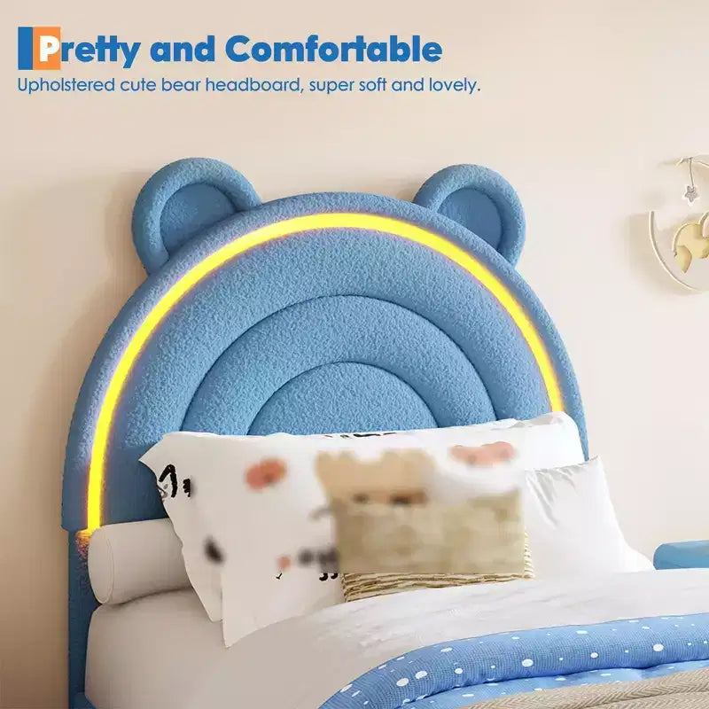 Twin Size Upholstered Platform Bed with 4 Drawers and LED Lights for Kids