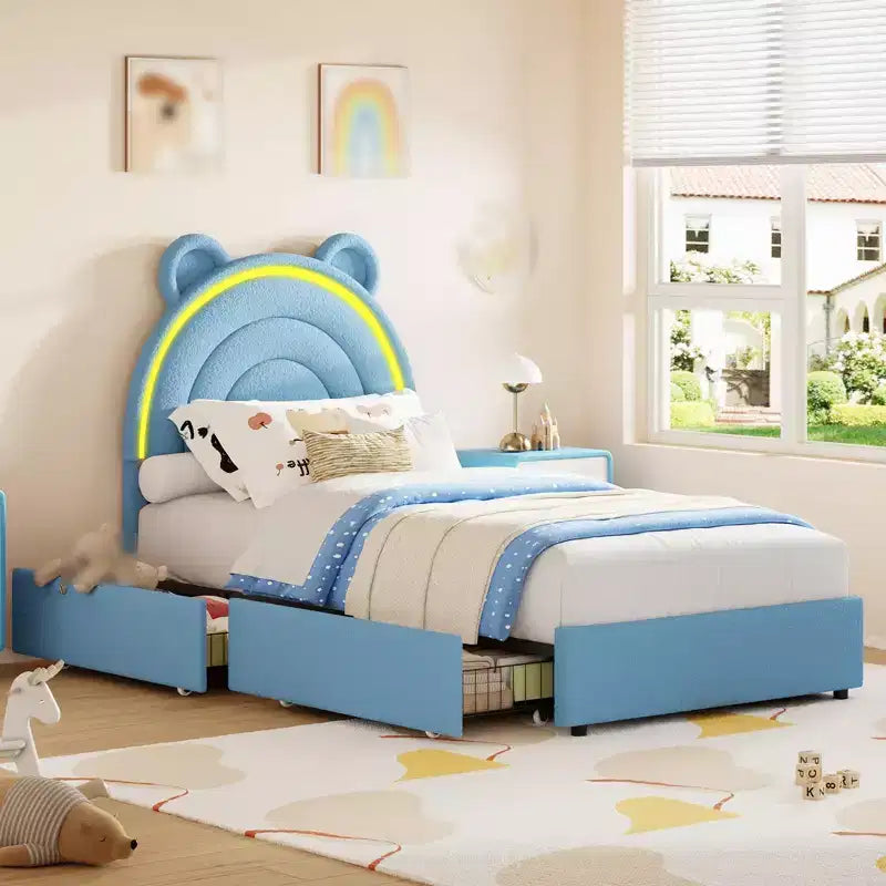 Princess Twin Size Bed Frame, Upholstered Platform Bed Frame with 4 Drawers & LED Lights for Kids, No Box Spring Needed, Noise-Free Slats