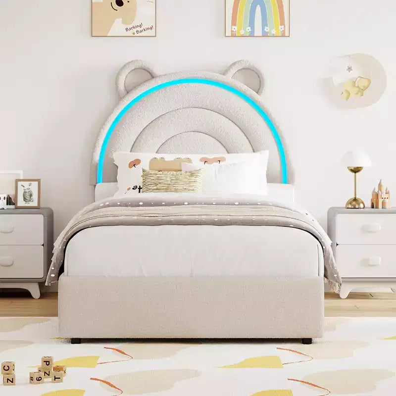 Twin Size Upholstered Platform Bed with 4 Drawers and LED Lights for Kids