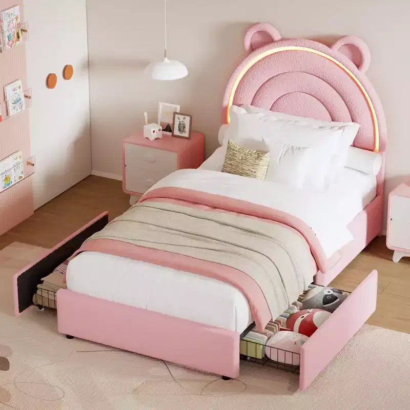 Twin Size Upholstered Platform Bed with 4 Drawers and LED Lights for Kids