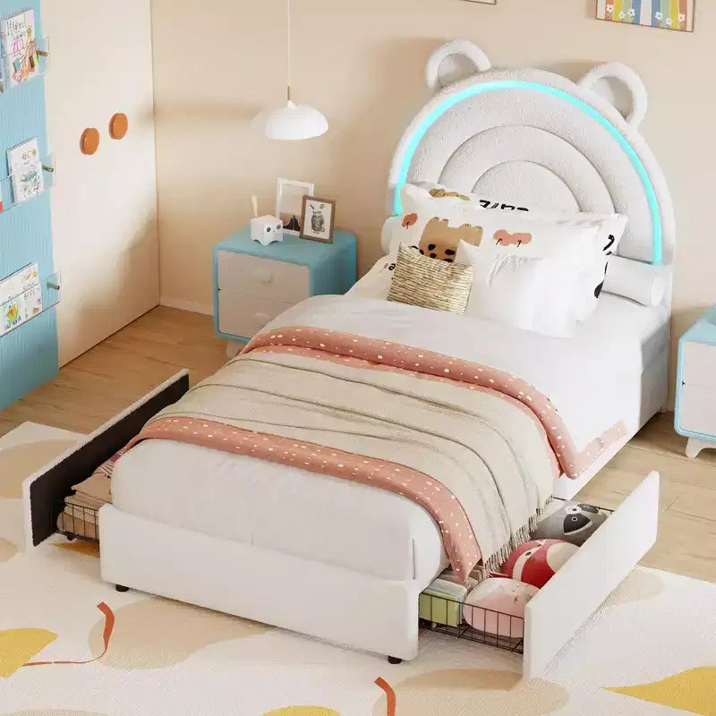 Twin Size Upholstered Platform Bed with 4 Drawers and LED Lights for Kids