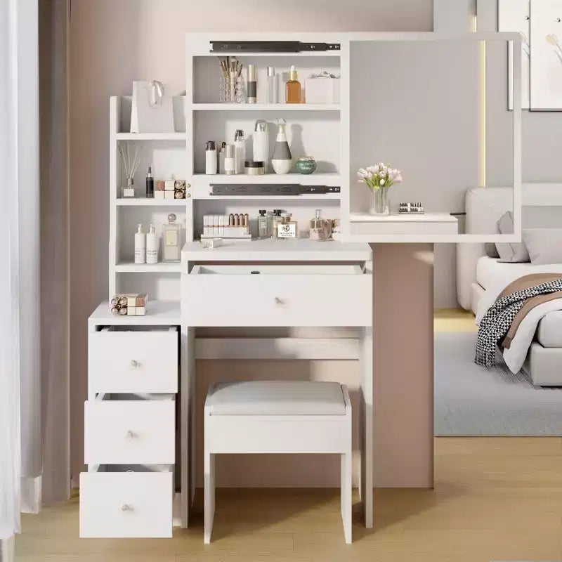 Okak Space-Saving Vanity Desk with Cushioned Stool, Makeup Vanity with Large Right Sliding Mirror, High Capacity Compact Vanity for Small Space, White