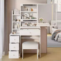 Okak Space-Saving Vanity Desk with Cushioned Stool, Makeup Vanity with Large Right Sliding Mirror, High Capacity Compact Vanity for Small Space, White