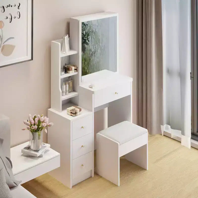 Space-Saving Vanity Desk with Cushioned Stool and Sliding Mirror, White