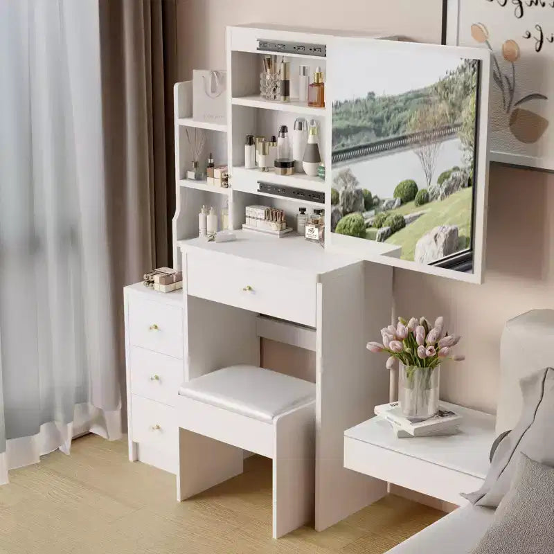 Space-Saving Vanity Desk with Cushioned Stool and Sliding Mirror, White