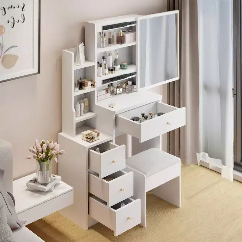 Space-Saving Vanity Desk with Cushioned Stool and Sliding Mirror, White