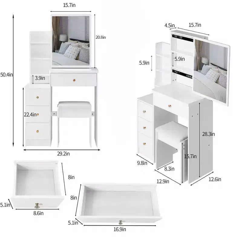 Space-Saving Vanity Desk with Cushioned Stool and Sliding Mirror, White