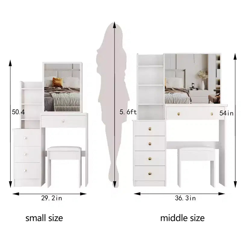 Space-Saving Vanity Desk with Cushioned Stool and Sliding Mirror, White
